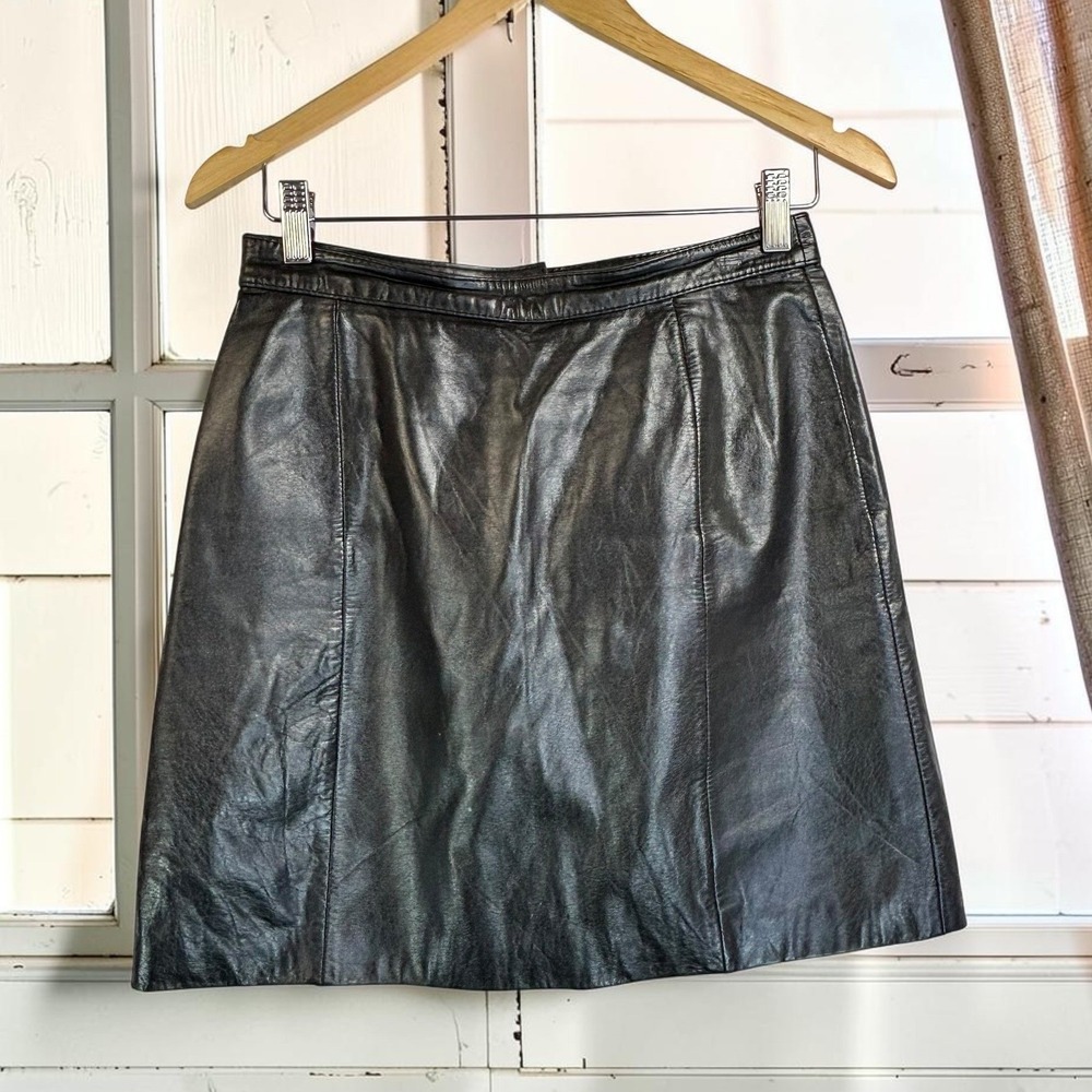 Vintage Leather Mini Skirt 12* S/M Black Minimalist Grunge Punk Edgy Glam Rock